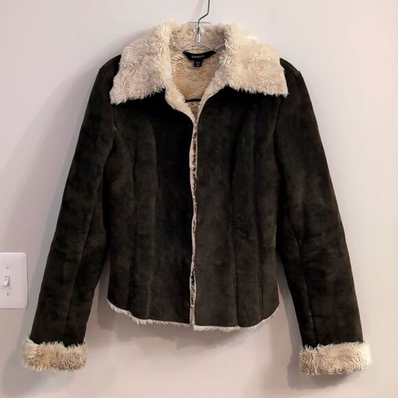 Express Penny Lane Y2K Vintage Brown Suede Faux Fur Lined Jacket Sz 7/8 - Picture 2 of 9